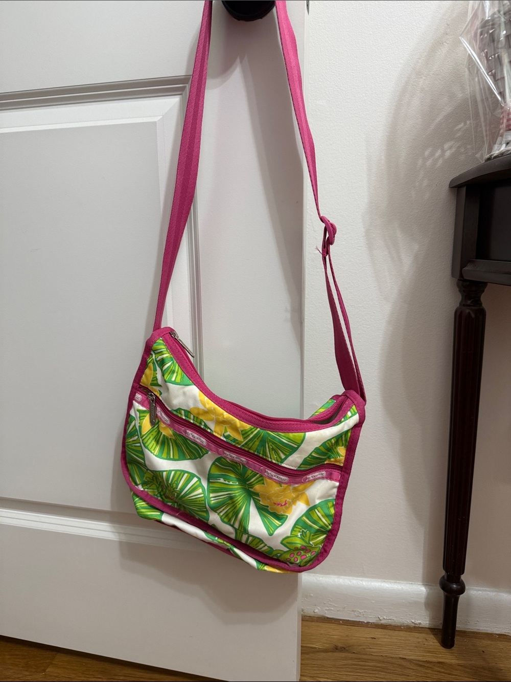 Le sportsac Pink and Green Leaf Print Crossbody Bag